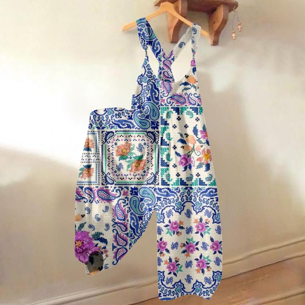 Dámské letní overaly s květinovým potiskem, vintage kombinéza (Nenastavitelné popruhy)