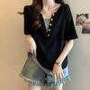 Niche Design Plus Size Faux Two-Piece Short-Sleeve T-shirt for Women, Spring/Summer. Loose, Versatile, Age-Reducing (300 Jin).