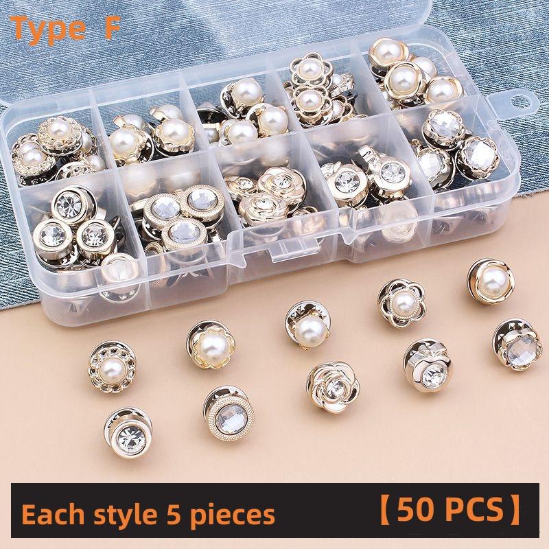 50 Pcs Free Sewing Pearl Rhinestone Button Brooches Pins Prevent Exposure Buttons Badge Coat Clothes Cufflink Shirt Button Set