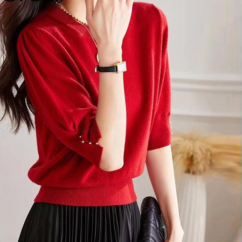 Women Sweaters Pullovers 2025 Summer Short Sleeve O-Neck Black White Knitted Sweater Women Tops Pullover JJ326