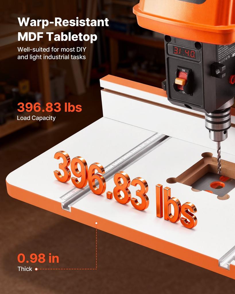 Drill Press Table, 605 x 300 mm, Worktable with an Adjustable Fence and Stop Block, Highly Compatible T-Slots, MDF Tabletop, Built-In Scale, Support