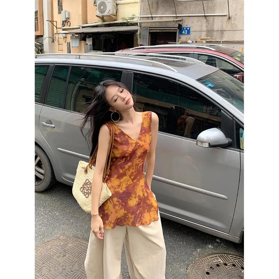 

Chic Print Halter Top for Women Spring Slim Fit Unique Long Mid-Sleeve S помаранчевий
