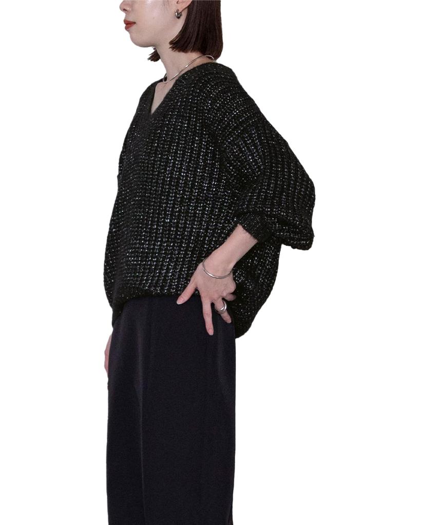 Yours Low Gauge Oversized Knit BEXU1699 L Black Lamé V-Neck Women's