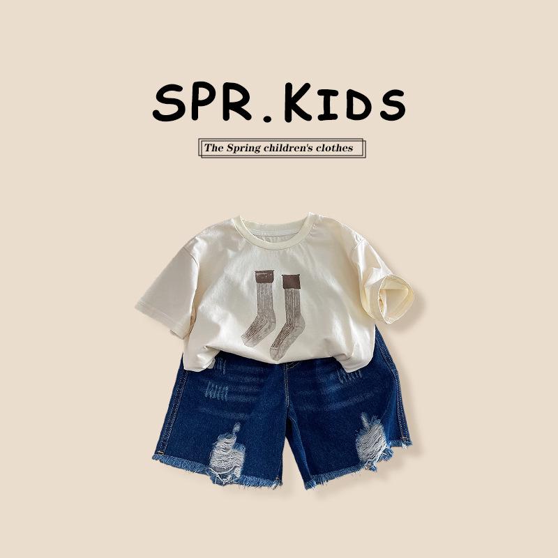

2025 Summer Boys Fun Print Cotton Crew Neck T-Shirt 100 cm абрикосовий