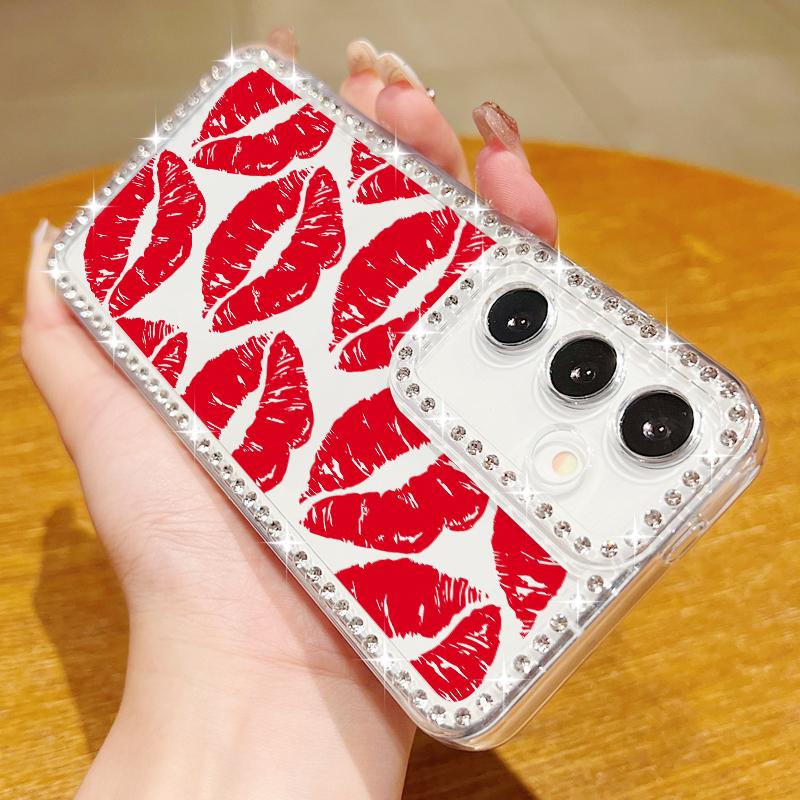 Diamond Frame Lips Print Soft Silicone Case For Samsung S25 Edge S24 FE S23 Ultra S22 A16 A56 A36 A15 A55 A35 Clear Shockproof Phone Cover