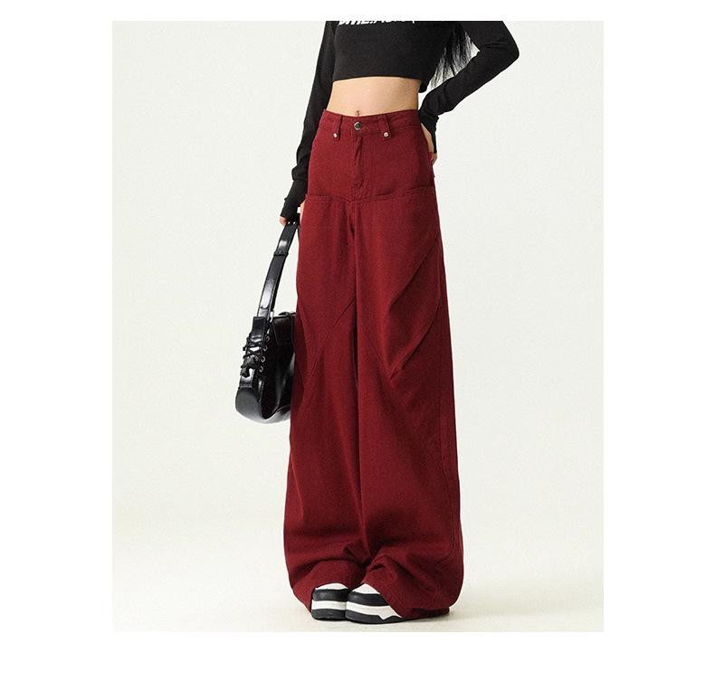 Women's Retro High-Waist Red Wide-Leg Jeans - Slimming, Versatile & Trendy