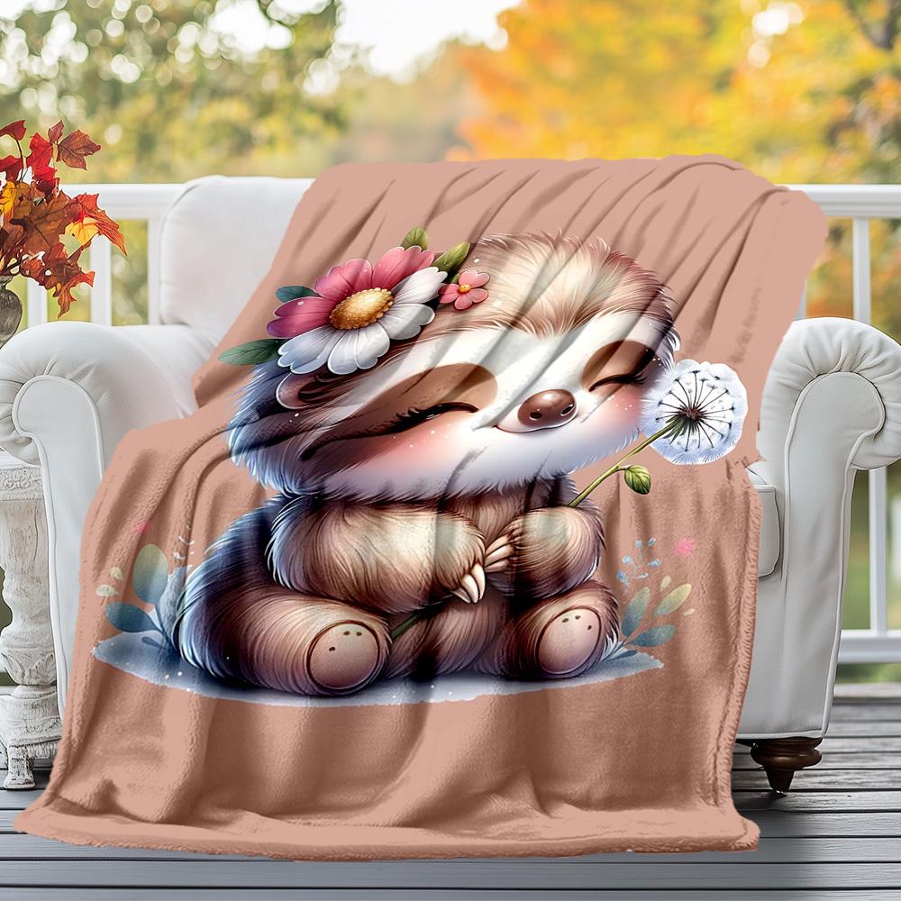 1pc Sloth Flowers Outdoor Flannel Blanket Soft Warm All-Season Throw for Sofa Bed Car Camping Office, Cozy Gift Idea1283S