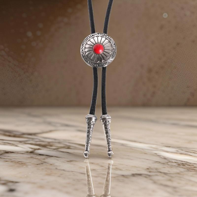 Vintage Bolo Tie Necktie Artificial Leather Braided Rope Necklace with Metal Sunflower Stone Pendant Jewelry Neckwear