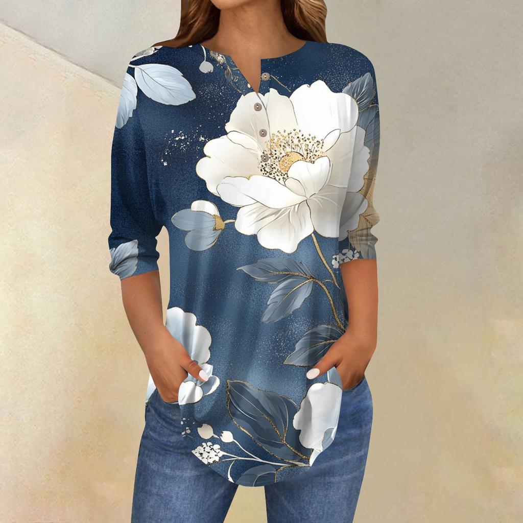 Damska Moda Luźny Kołnierzyk na Guziki Nadruk Rękaw 3/43/4 T-Shirt Top Pulower