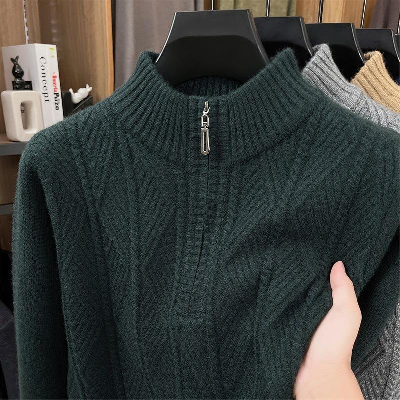 Mens Half Zip Thickened Pullover Knit Sweater Business Casual Warm Winter Bottoming Top