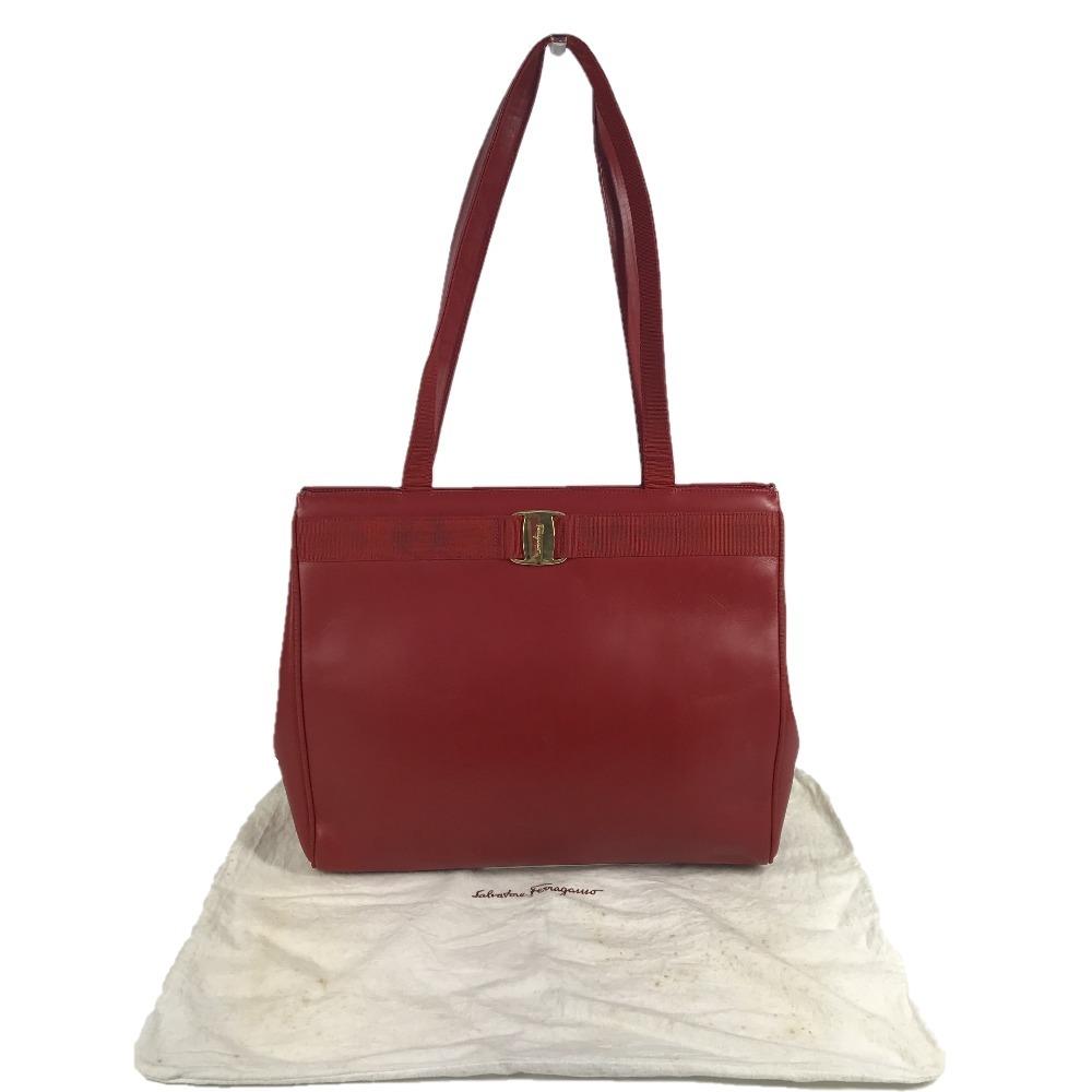 Salvatore Ferragamo Vara logo ribbon Tote Bag Shoulder Bag Leather Red