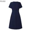 ZANZEA Women Casual Round Neck Solid Color Short Sleeve Summer Pleated Dress