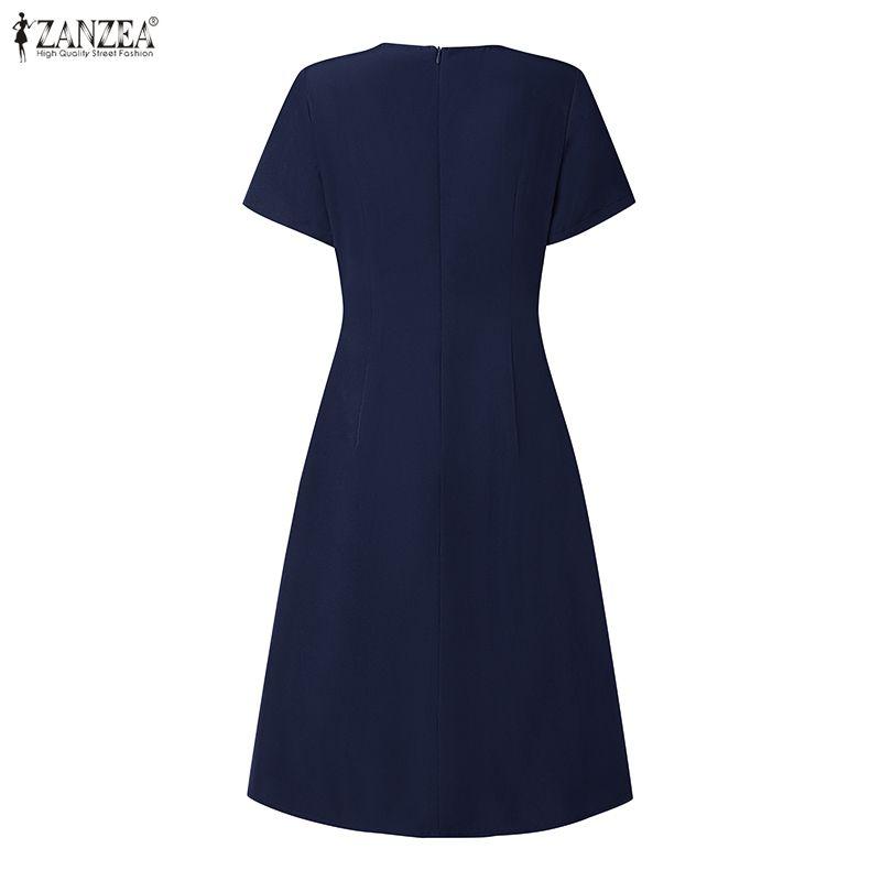 ZANZEA Women Casual Round Neck Solid Color Short Sleeve Summer Pleated Dress