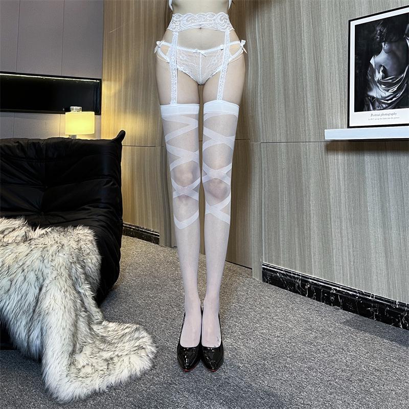 Spring/Summer White Over-the-Knee Mesh Stockings with Garters One Size белый
