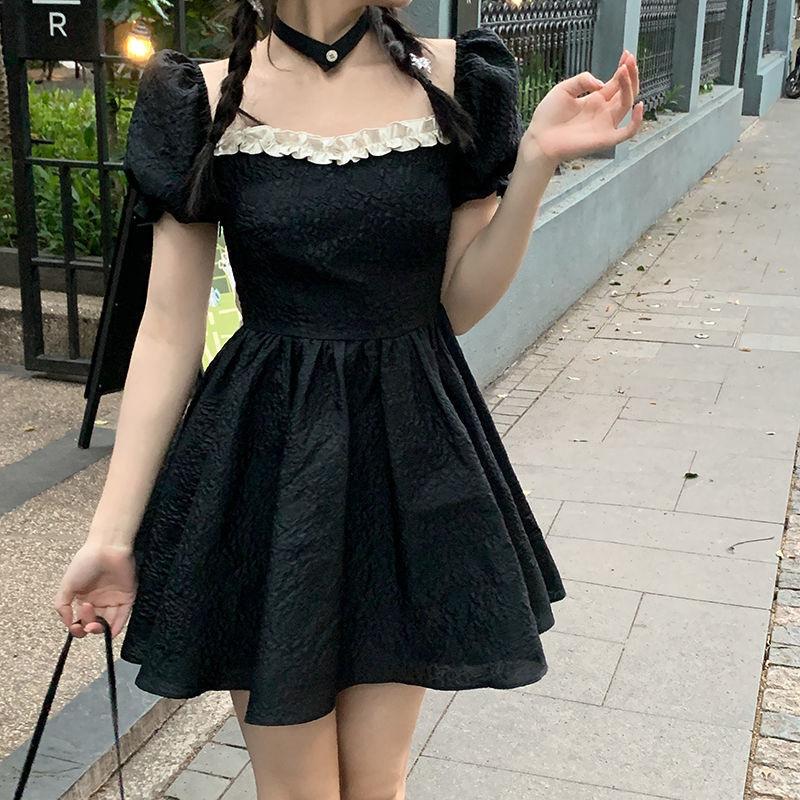 French Design Back Halter Bow Small Black Dress Women's Summer Square Neck Bubble Sleeve Waist Fluffy Dress
