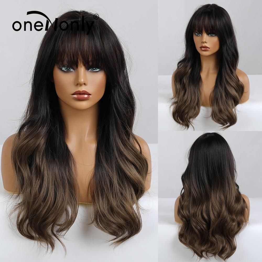 OneNonly Synthetische Perücken für Frauen, blonde Perücke mit Pony, langwellige Perücke, natürliches Haar, hitzebeständige Faser