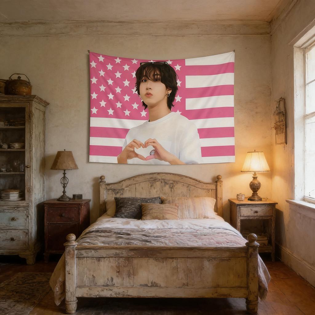 Han Jisung Pink American Flag Tapestry Finger Heart Wall Decor Durable Polyester Ideal Stray Kids Fan Gift Art