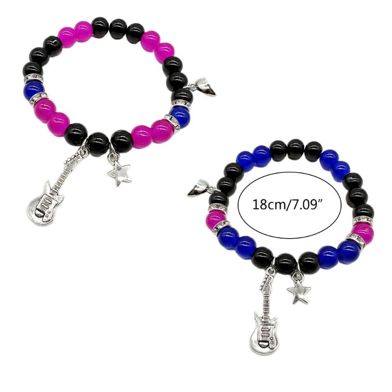 2pcs Guitar Star Pendant Bracelet Magnetic Heart Couple Hip Hop Elastic Beaded Bracelets for Men Women Jewelry Gift
