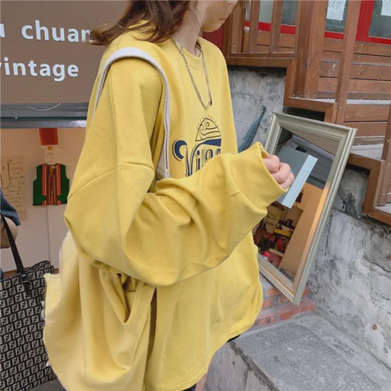 Damen Baumwoll-Sweatshirt mit lockerem Schnitt, mittellangem Schnitt und Rundhalsausschnitt - Langärmeliges Herbst-/Winter-Oberteil