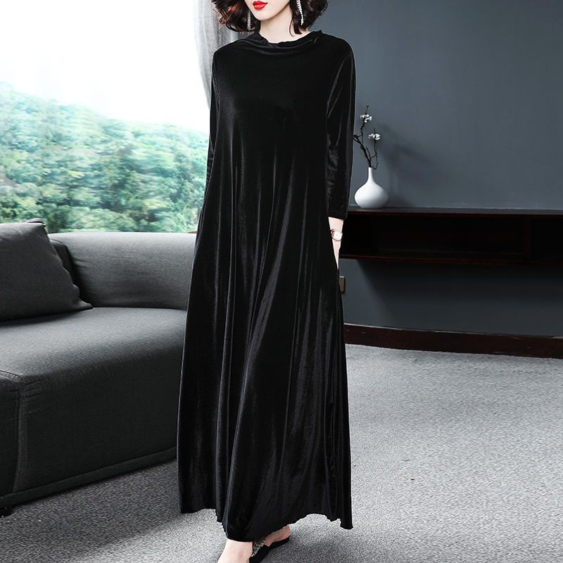 Women's Plus Size Dress Spring Autumn Long Gold Velvet Dress Loose Retro A-Line Dress