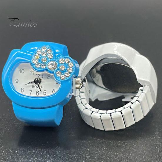 Cat Shape Ring Watch Cartoon Finger Rhinestone Bowknot Elastic Stainless Steel Band Women Birthday Gift Fashion Accessories