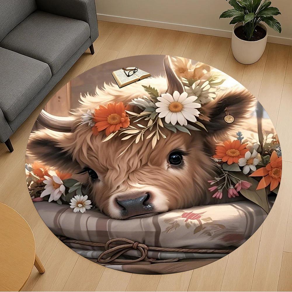 1PC Cute Cow Flowers Pillow Round Chair Mat Area Rug - Non-Slip, Floor Mat for Office, Bedroom, Home Decor Christmas Gift C0528105