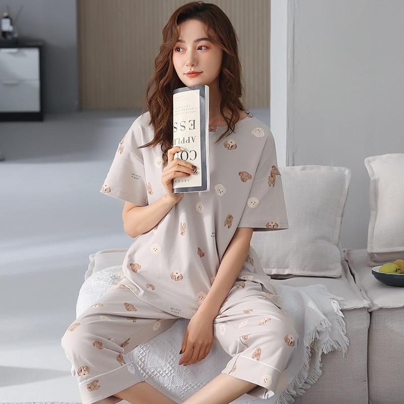 Sommerpyjamas aus Baumwolle, Heimkleidung für Damen, Rundhalspullover, lässig, bequem, Neun-Hosen-Pyjama-Set