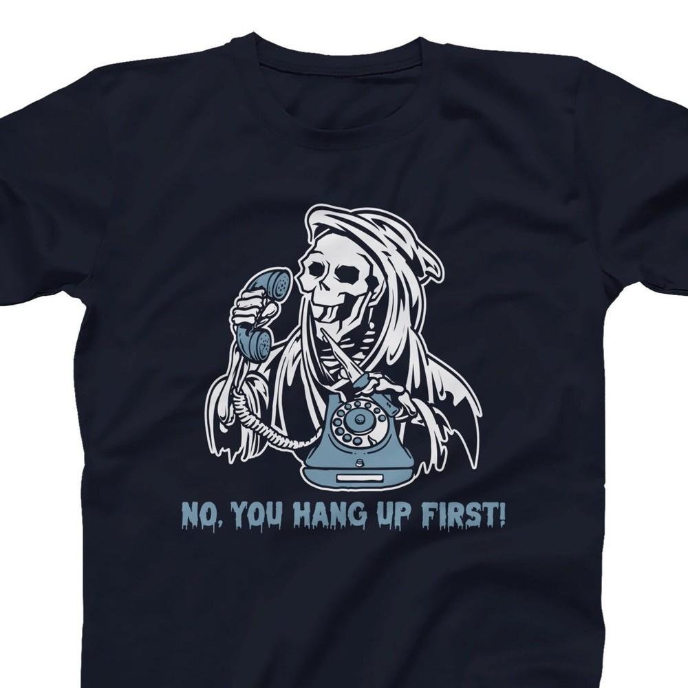 26 No You Hang Up Halloween T-shirt  Skeleton Calling Parody Graphic Navy Tee Unisex T-Shirt S