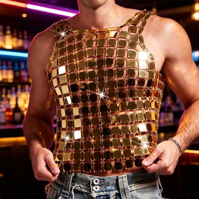 Metallic Mirror Tile Body Jewelry Top Open Grid Styling Accent for Festival Party Clubwear and Stage Styling Looks