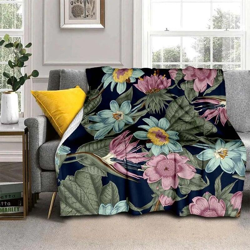 Módní přikrývka se zářivými květinami – lehký flanelový přehoz na pohovku, přikrývka s digitálním potiskem s měkkou a červotočivou flanelovou látkou