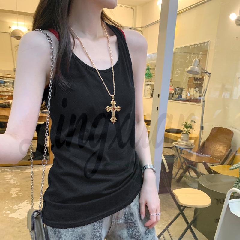2026 French High-End White U-Neck Racerback Sleeveless Tank Top Large чёрный