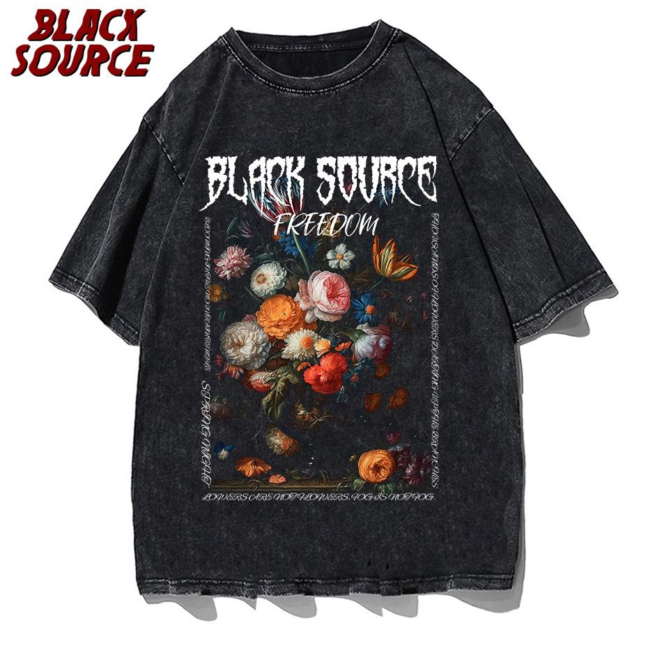 Men Gothic T-shirts Hip Hop Streetwear Letter rose cluster Printed Punk Tops Summer Vintage Washed Oversized Short Sleeve
