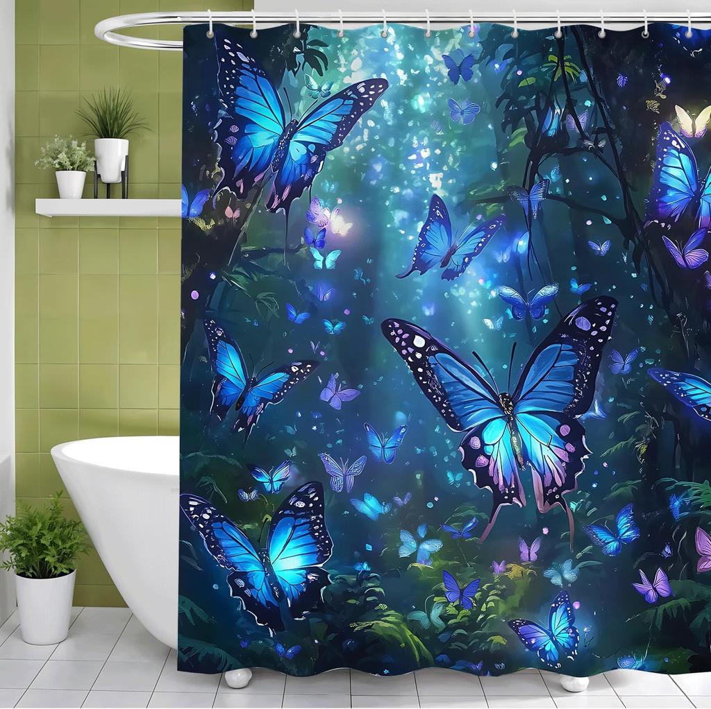 Flowers Butterflies Shower Curtain with Hooks Bathroom Curtain Decor Shower Curtain Waterproof Machine Washable