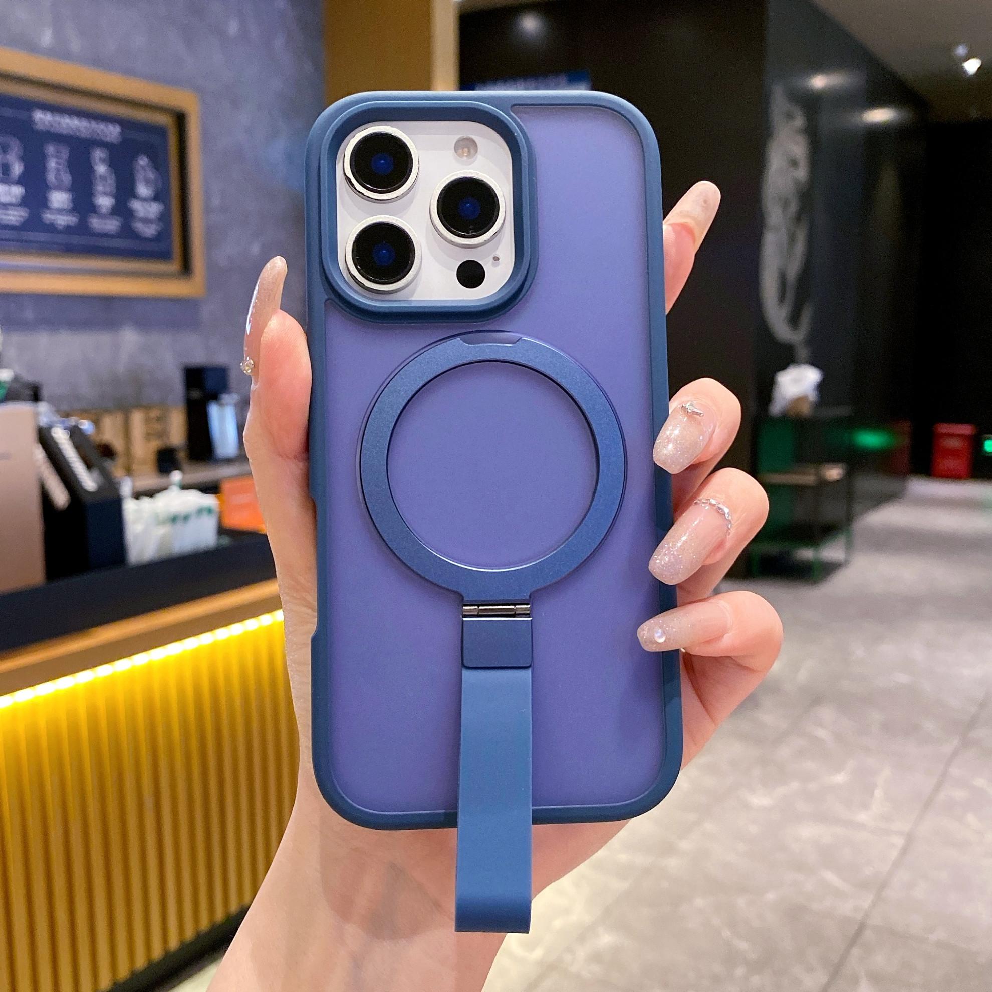 

For iPhone 16 Pro Case TPU PC Phone Back Cover with Integrated Lanyard Metal Kickstand Sapphire