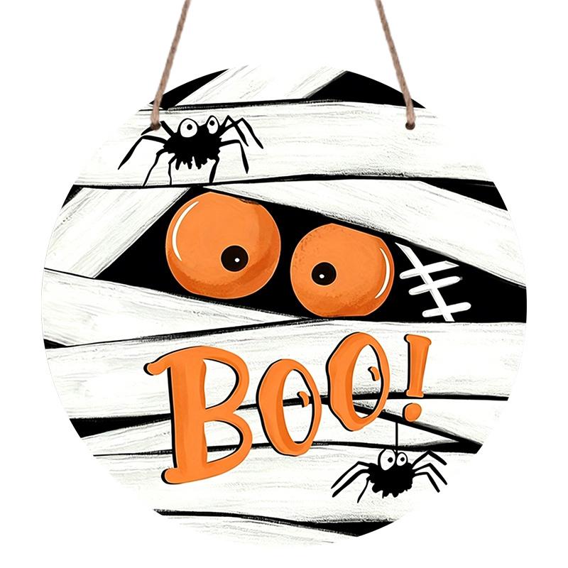 2D Flat, 1pc Round Waterproof Aluminum Boo Mummy Sign, Cute Bandage Wrapped Mummy Eye Black Spider Print Metal Plaque, Halloween Front Door Wreath 7.87×7.87inch