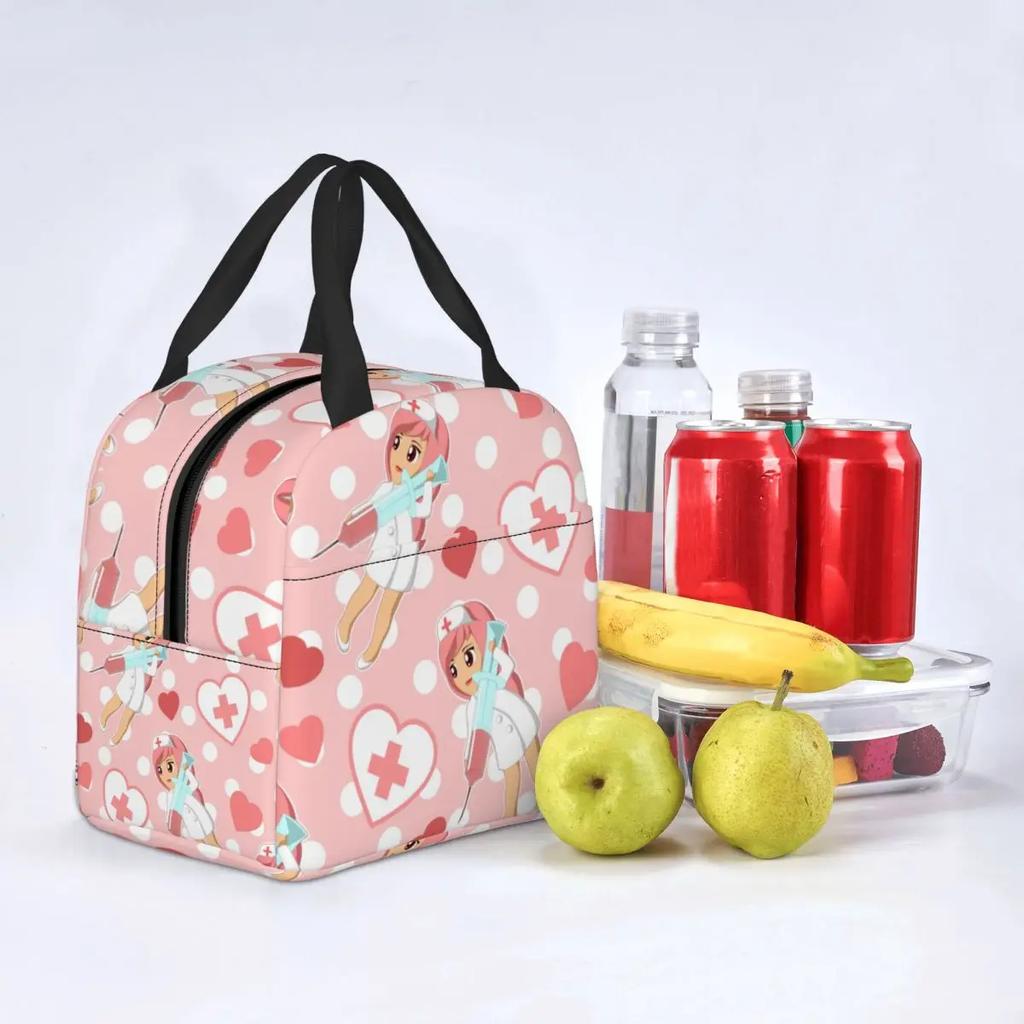 Japanese Kawaii Nurse Insulated Lunch Bags for Camping Travel Pink Polka Dot Pattern Portable Thermal Cooler Bento Box Children
