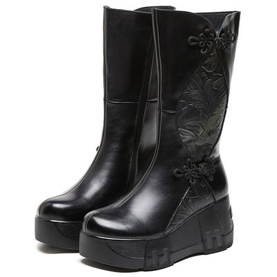 GKTINOO 2025 Stivali Donna Pelle Naturale Retrò Stivaletti Zeppa Invernali Fatti a Mano Scarpe Donna Morbide Pelle di Mucca Stivali Piattaforma a Mezza Gamba