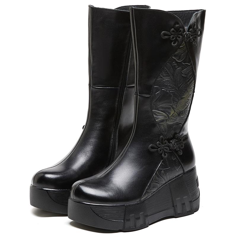 GKTINOO 2025 Retro Natural Leather Women Boots Handmade Winter Wedges Booties Soft Cowhide Women's Shoes Platform Mid-Calf Boots