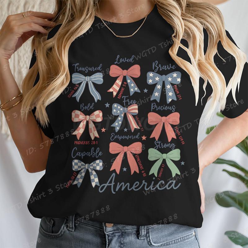 4th Of July Bows America Print Tshirt For Women Summer Casual Tshirts Short Sleeve Tops July 4th Gifts Independence Day Tshirt