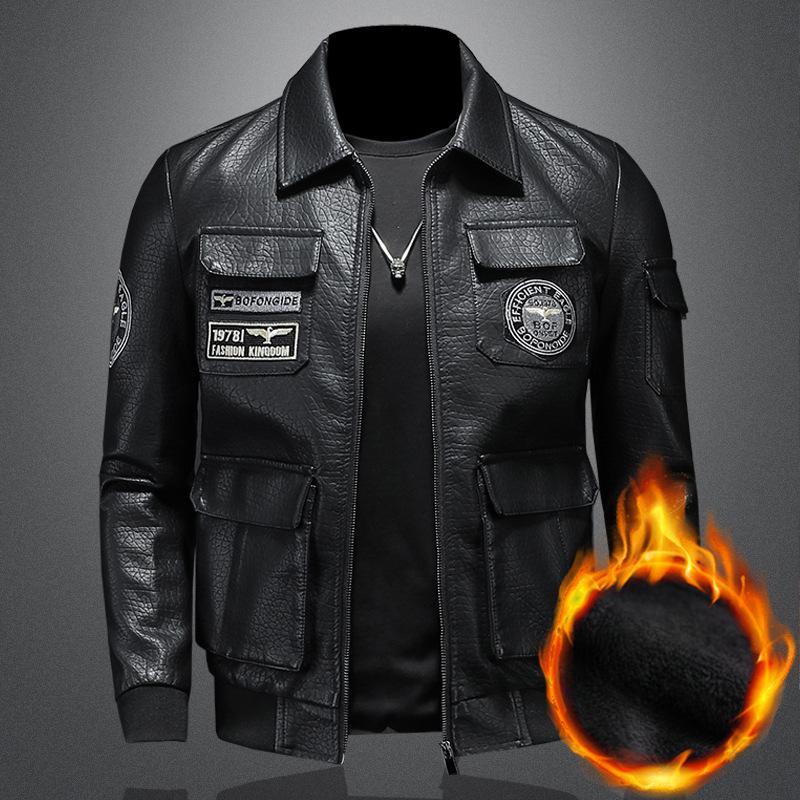 Padded Thick Male Casual Cardigan Autumn Winter Men Lapel Faux Leather Jacket Outerwear Fashion Streetwear Solid Motorcycle Coats
