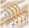 Edelstahl St. Benediktusmedaille Perlenkettenarmband Vergoldet Religiöses Kreuz Katholischer Schmuck Anlaufgeschützt Taufe Geschenk