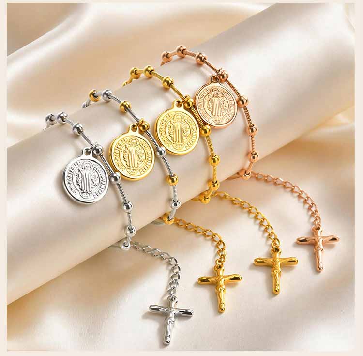 Edelstahl St. Benediktusmedaille Perlenkettenarmband Vergoldet Religiöses Kreuz Katholischer Schmuck Anlaufgeschützt Taufe Geschenk