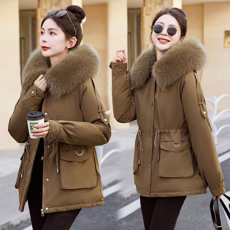 Autumn and Winter Parker Cotton Jacket, Medium To Long Length with Added Fleece, Big Fur Collar, Down Cotton Jacket, Thick and Warm Cotton Jacket