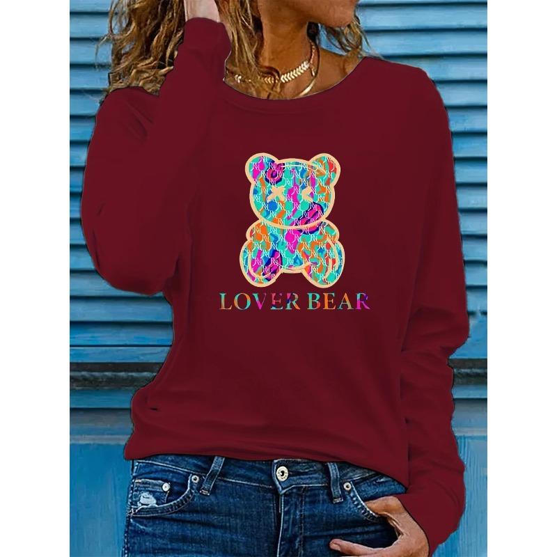 

3D Cartoon Bear Graphic Printed Top Casual Long Sleeved Women s T-shirts - Soft Medium Stretch Polyester Fabric Spring and Autumn Relaxed Fit Clothing 5XL