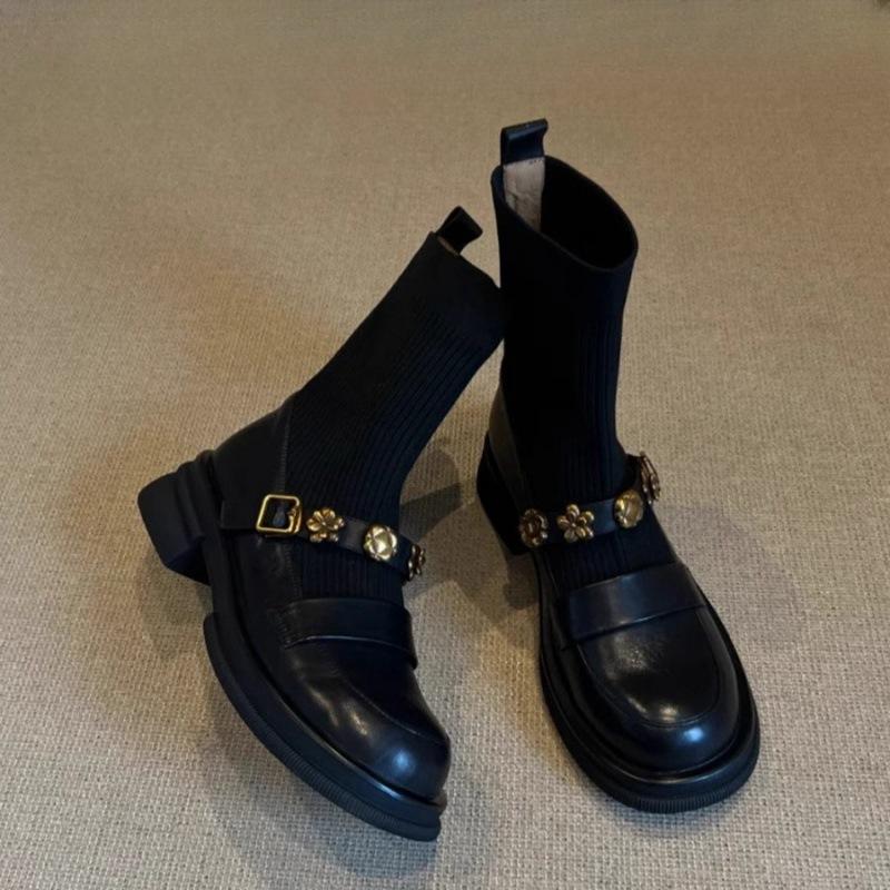 Soft Leather Version~ French Retro Camellia Platform Socks Boots Knitted Thin Boots Versatile Round Head Martin Boots Short Boots Women