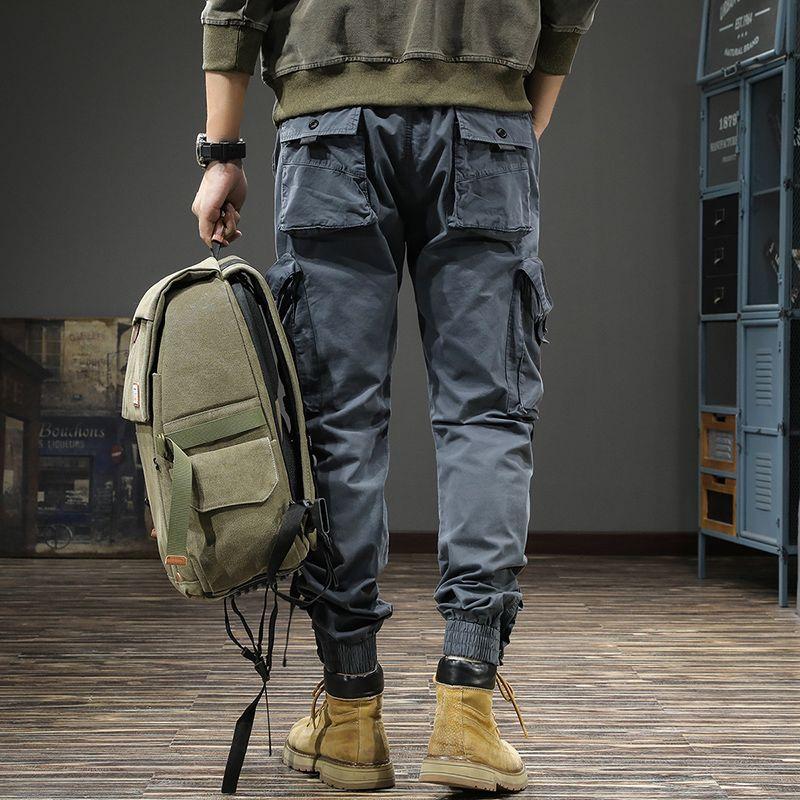 Ami Khaki Retro Washed Slim Fit Taktické kombinézy pro muže, Těžké ležérní kalhoty na jaro a podzim