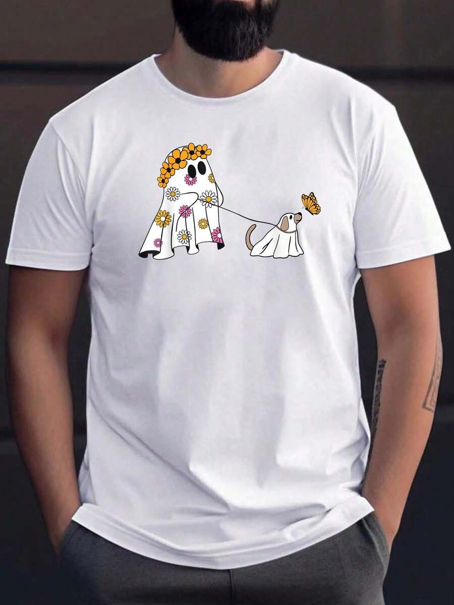 

Cute Floral Ghost Walking Dog Spooky Season Halloween Unisex T-Shirt S