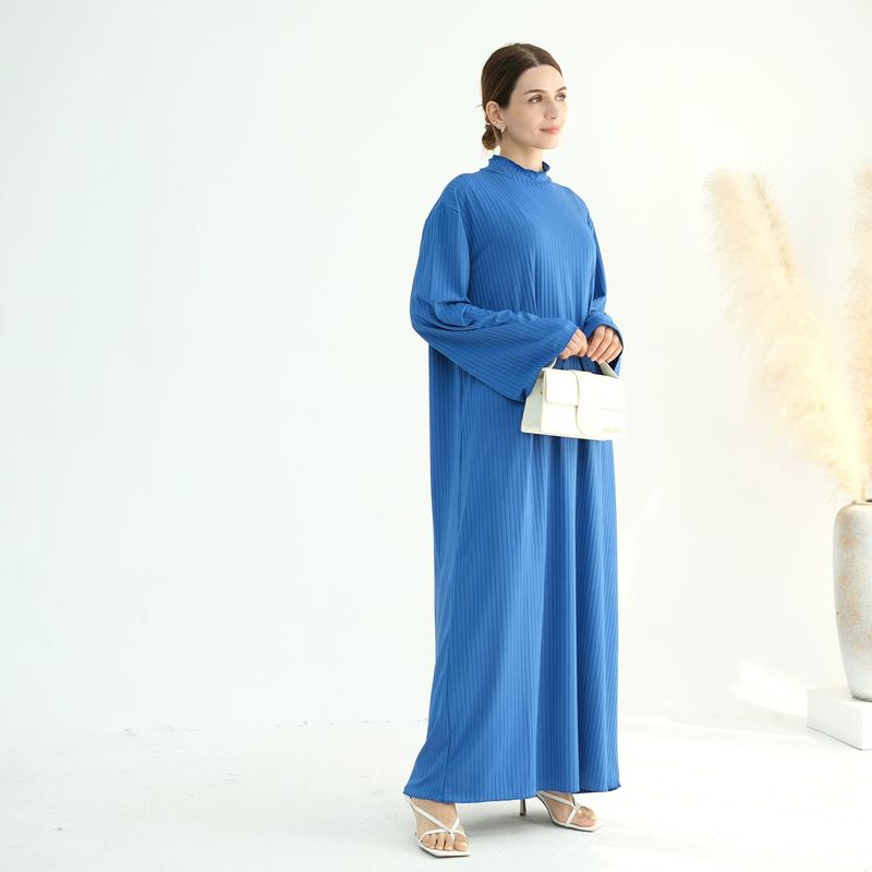 

New Arrival Middle East Dubai Pure Color Stand Collar Dress Solid Color Stand up Collar Dress Blue XL/XXL