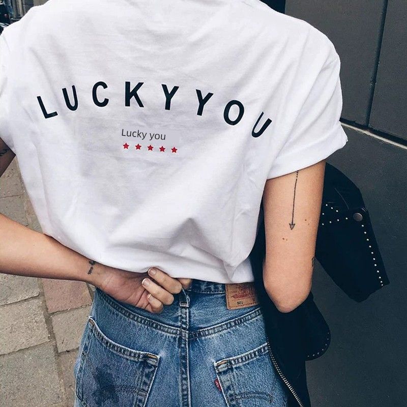 American Retro Niche Style Lucky Cat Letters Print Casual Pure Cotton Shoulder Short Sleeve T-shirt for Women