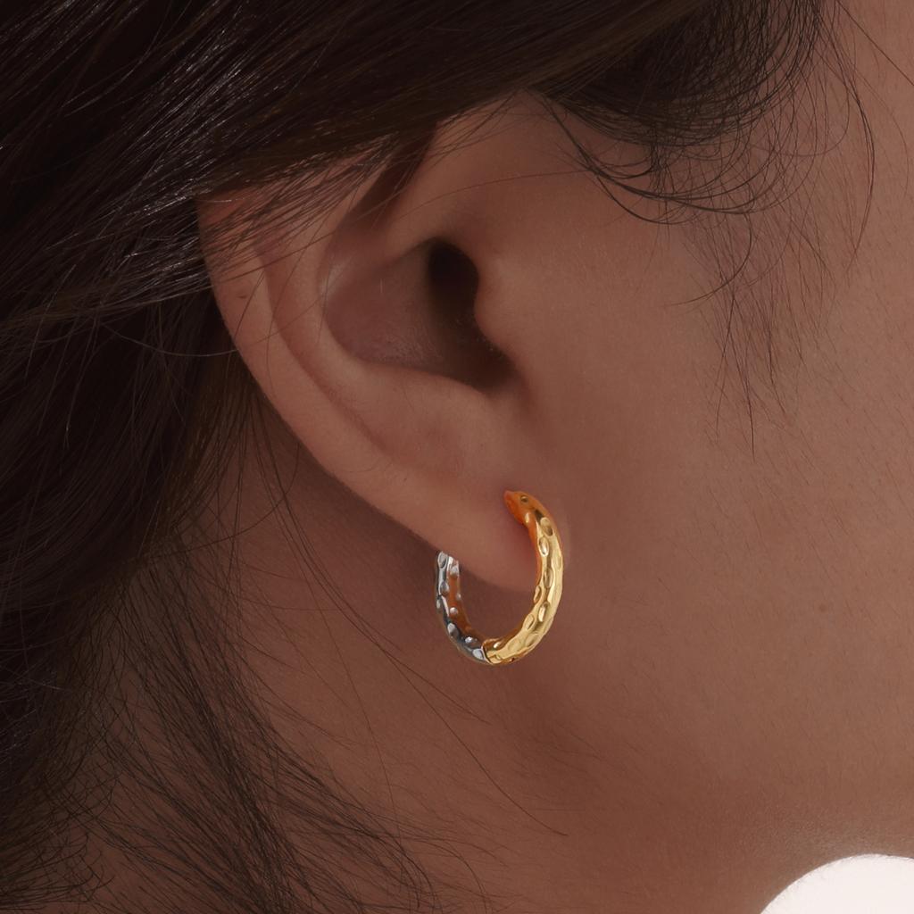 New Two Tone Circle Hoop Earring for Women, Hammered Stainless Steel Women's Mini Huggie Earrings, Gold Plated Small Hoops